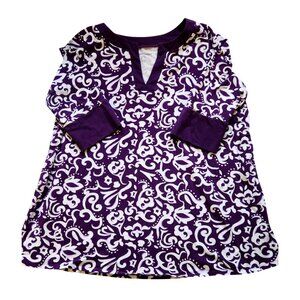 Purple & White Floral Print Womens Tunic Top Size L 18/20 Woman Within 3/4 Sleev